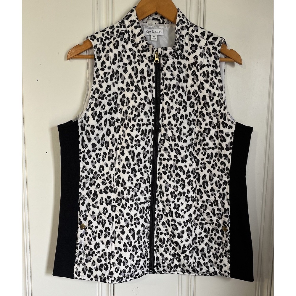 Womens Quilted Puffer Vest Snow Leopard Print Ribbed Sides Zip Up Kim Rogers M